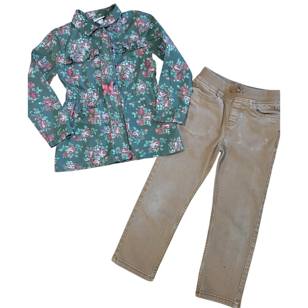 Lot Of 2 Girls Hanna Andersson Tan Pants, Little Lass Green Floral Jacket Sz 6-7